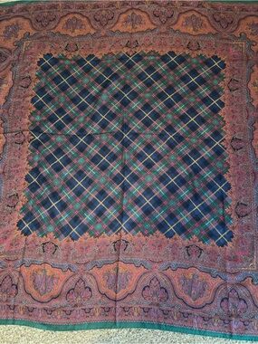Vintage Etro Paisley And Plaid Wool Silk Blend Square Scarf Made In Italy